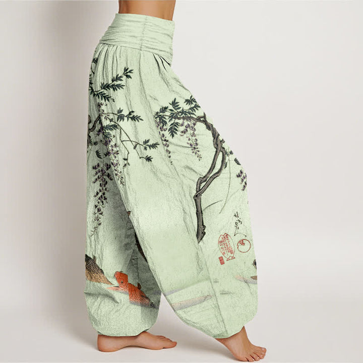 Buddha Stones Dames harembroek met elastische Taille en koi- en blauweregenpatroon - image 9