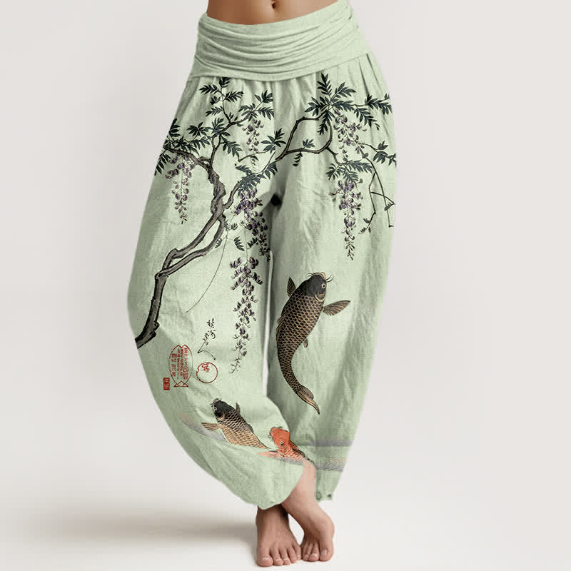 Buddha Stones Dames harembroek met elastische Taille en koi- en blauweregenpatroon - Lichtgroen - US16, UK/AU20, EU48 (3XL) - image 8