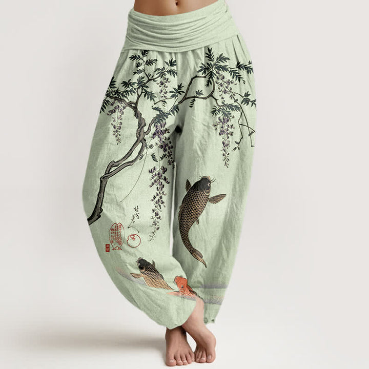 Buddha Stones Dames harembroek met elastische Taille en koi- en blauweregenpatroon - Lichtgroen - US16, UK/AU20, EU48 (3XL) - image 8