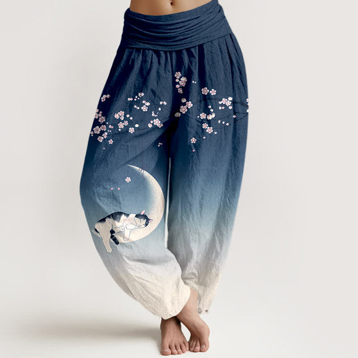 Buddha Stones Dames harembroek met elastische Taille en Sakura Moon kattenprint van katoen - Marine - US16, UK/AU20, EU48 (3XL) - image 0