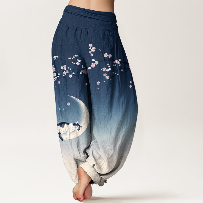 Buddha Stones Dames harembroek met elastische Taille en Sakura Moon kattenprint van katoen - image 2