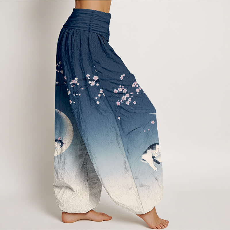 Buddha Stones Dames harembroek met elastische Taille en Sakura Moon kattenprint van katoen - image 1