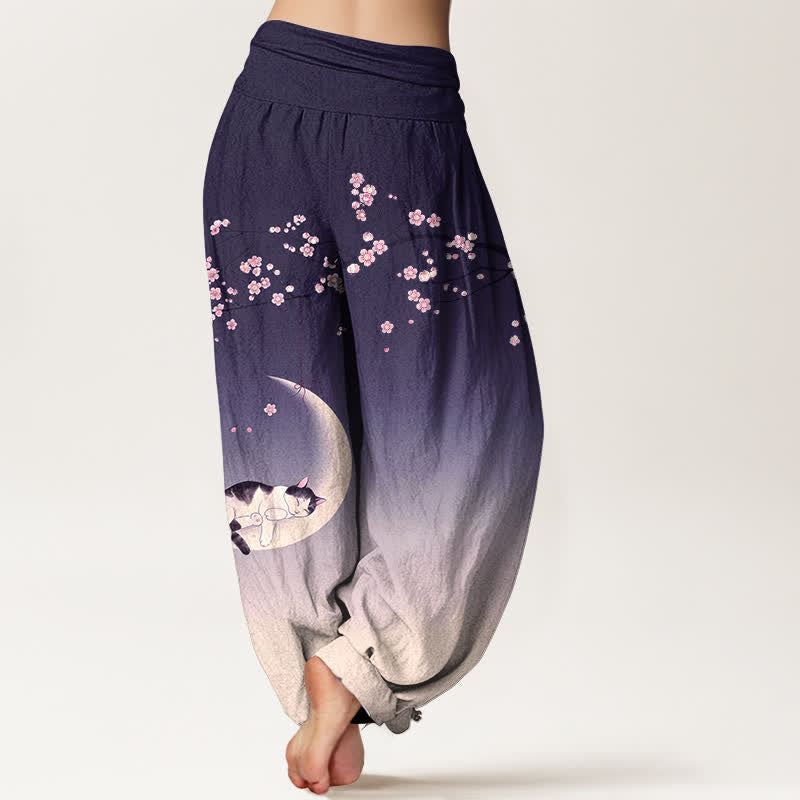 Buddha Stones Dames harembroek met elastische Taille en Sakura Moon kattenprint van katoen - image 7