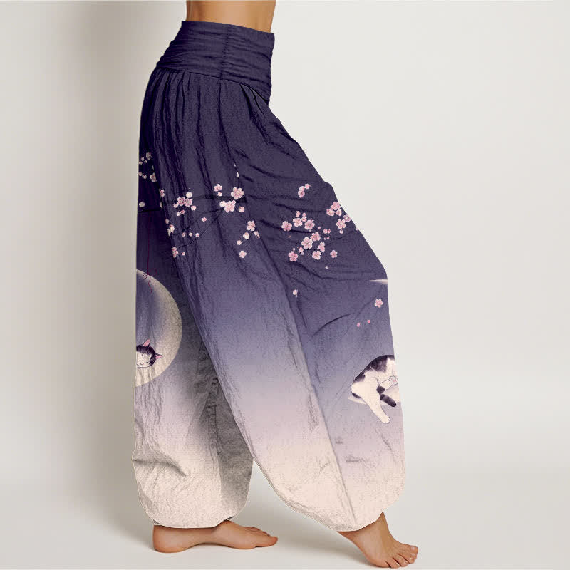 Buddha Stones Dames harembroek met elastische Taille en Sakura Moon kattenprint van katoen - image 6