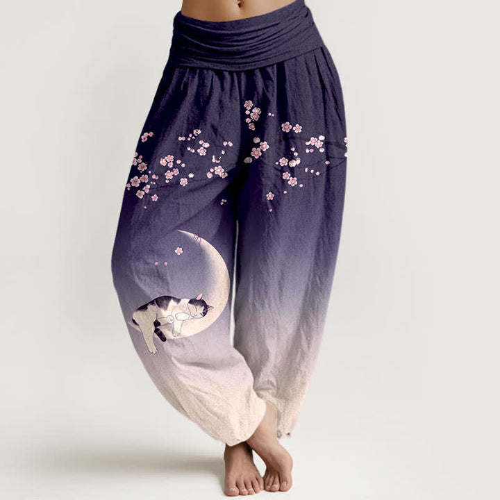 Buddha Stones Dames harembroek met elastische Taille en Sakura Moon kattenprint van katoen - Indigo - US16, UK/AU20, EU48 (3XL) - image 5
