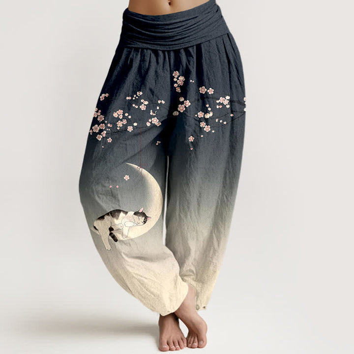 Buddha Stones Dames harembroek met elastische Taille en Sakura Moon kattenprint van katoen - Leigrijs - US16, UK/AU20, EU48 (3XL) - image 8