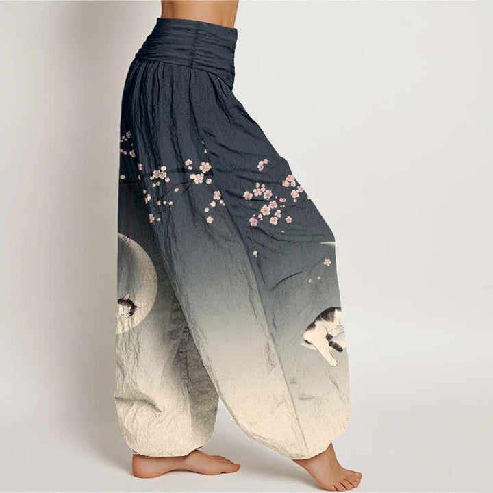Buddha Stones Dames harembroek met elastische Taille en Sakura Moon kattenprint van katoen - image 9