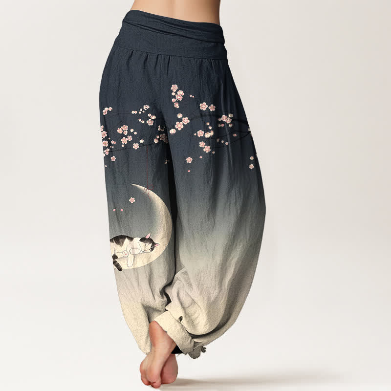 Buddha Stones Dames harembroek met elastische Taille en Sakura Moon kattenprint van katoen - image 10