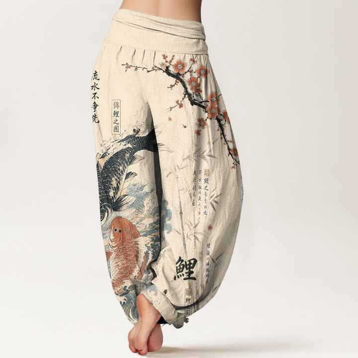 Buddha Stones Dames harembroek met elastische Taille en kalligrafiepatroon van katoenen koivissen - image 2