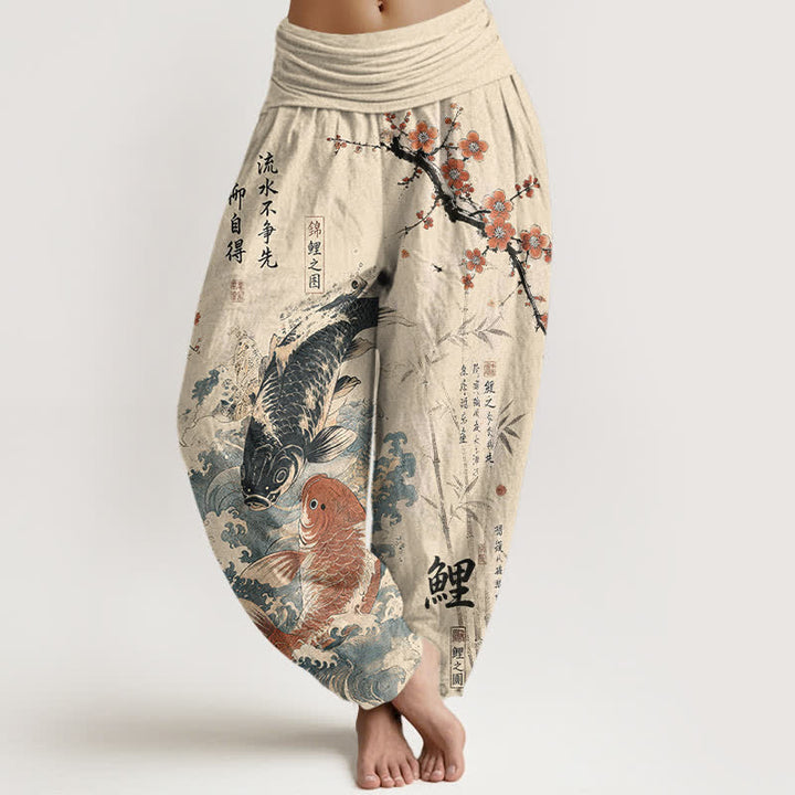 Buddha Stones Dames harembroek met elastische Taille en kalligrafiepatroon van katoenen koivissen - Beige - US16, UK/AU20, EU48 (3XL) - image 0
