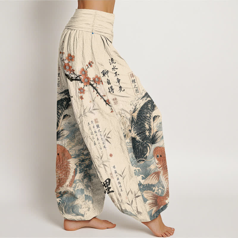 Buddha Stones Dames harembroek met elastische Taille en kalligrafiepatroon van katoenen koivissen - image 1