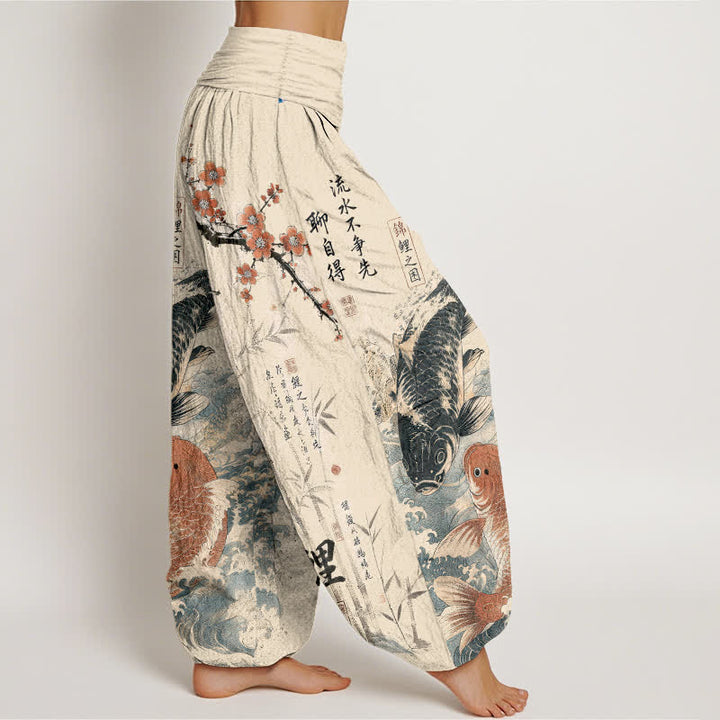 Buddha Stones Dames harembroek met elastische Taille en kalligrafiepatroon van katoenen koivissen - image 1