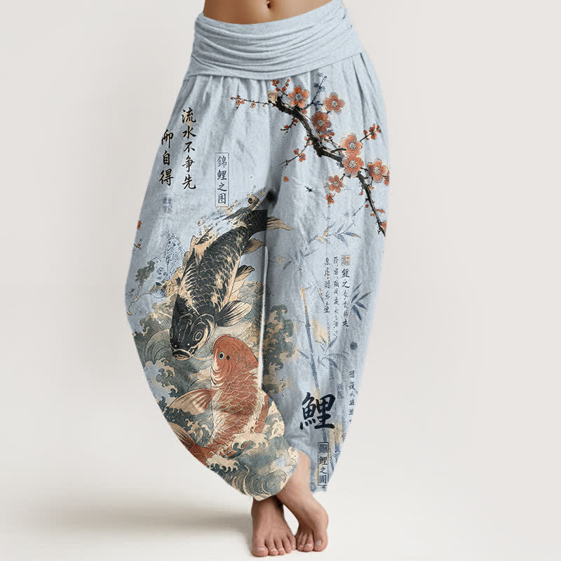 Buddha Stones Dames harembroek met elastische Taille en kalligrafiepatroon van katoenen koivissen - Licht Hemelsblauw - US16, UK/AU20, EU48 (3XL) - image 5