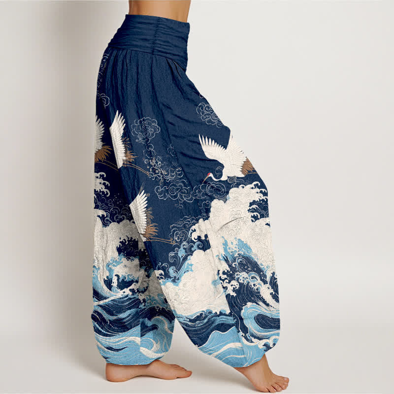 Buddha Stones Dames harembroek met elastische Taille en kraanvogel- en wolkenpatroon - image 1