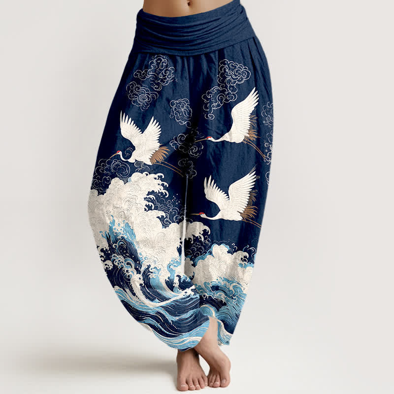 Buddha Stones Dames harembroek met elastische Taille en kraanvogel- en wolkenpatroon - Marine - US16, UK/AU20, EU48 (3XL) - image 0