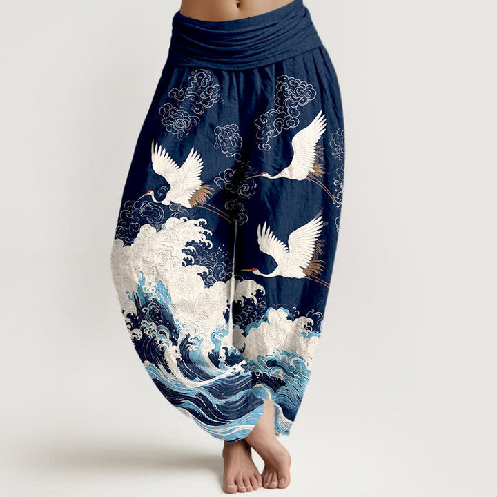 Buddha Stones Dames harembroek met elastische Taille en kraanvogel- en wolkenpatroon - Marine - US16, UK/AU20, EU48 (3XL) - image 0