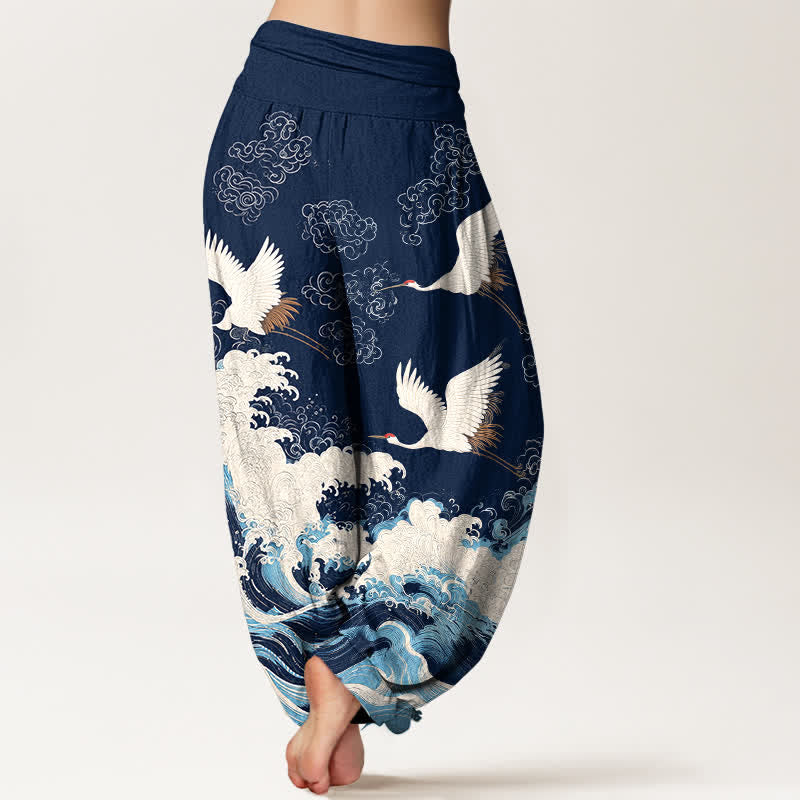 Buddha Stones Dames harembroek met elastische Taille en kraanvogel- en wolkenpatroon - image 2