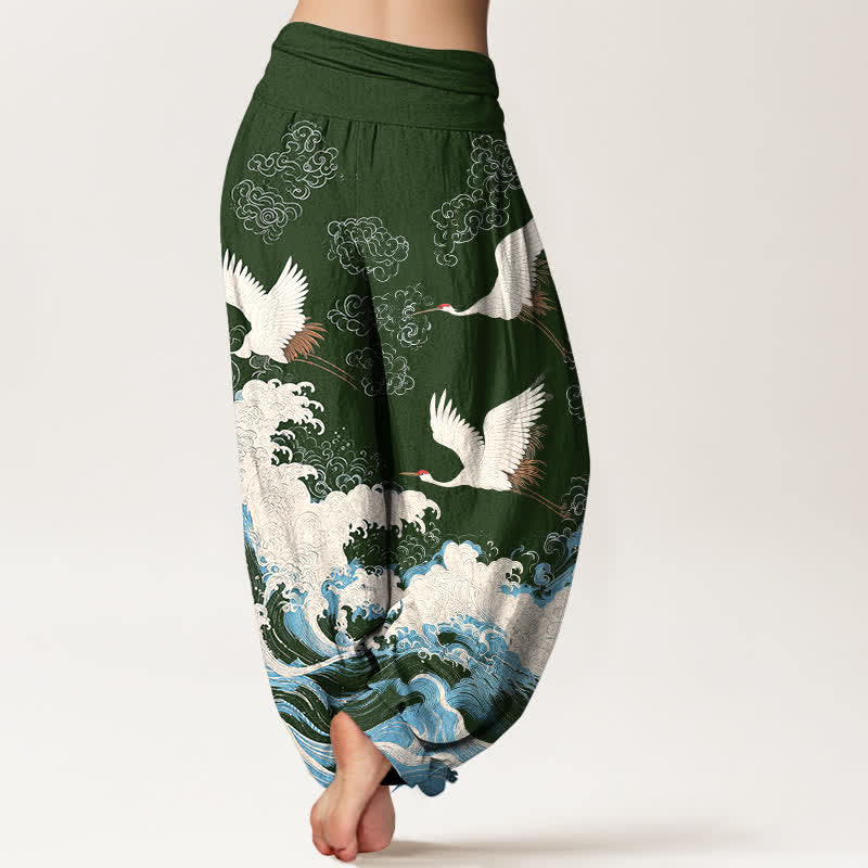 Buddha Stones Dames harembroek met elastische Taille en kraanvogel- en wolkenpatroon - image 7