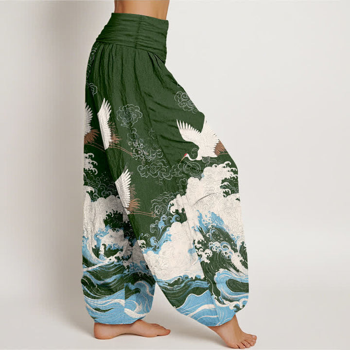 Buddha Stones Dames harembroek met elastische Taille en kraanvogel- en wolkenpatroon - image 6
