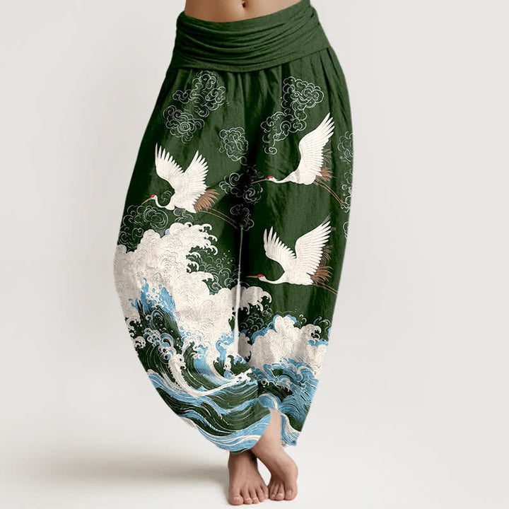 Buddha Stones Dames harembroek met elastische Taille en kraanvogel- en wolkenpatroon - Donkergroen - US16, UK/AU20, EU48 (3XL) - image 5