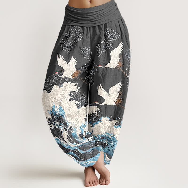 Buddha Stones Dames harembroek met elastische Taille en kraanvogel- en wolkenpatroon - Donkergrijs - US16, UK/AU20, EU48 (3XL) - image 8