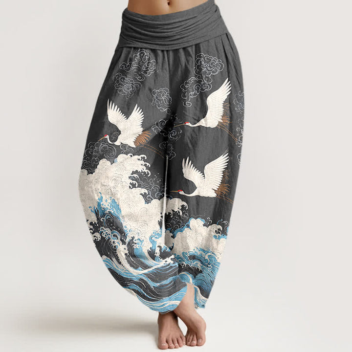 Buddha Stones Dames harembroek met elastische Taille en kraanvogel- en wolkenpatroon - Donkergrijs - US16, UK/AU20, EU48 (3XL) - image 8