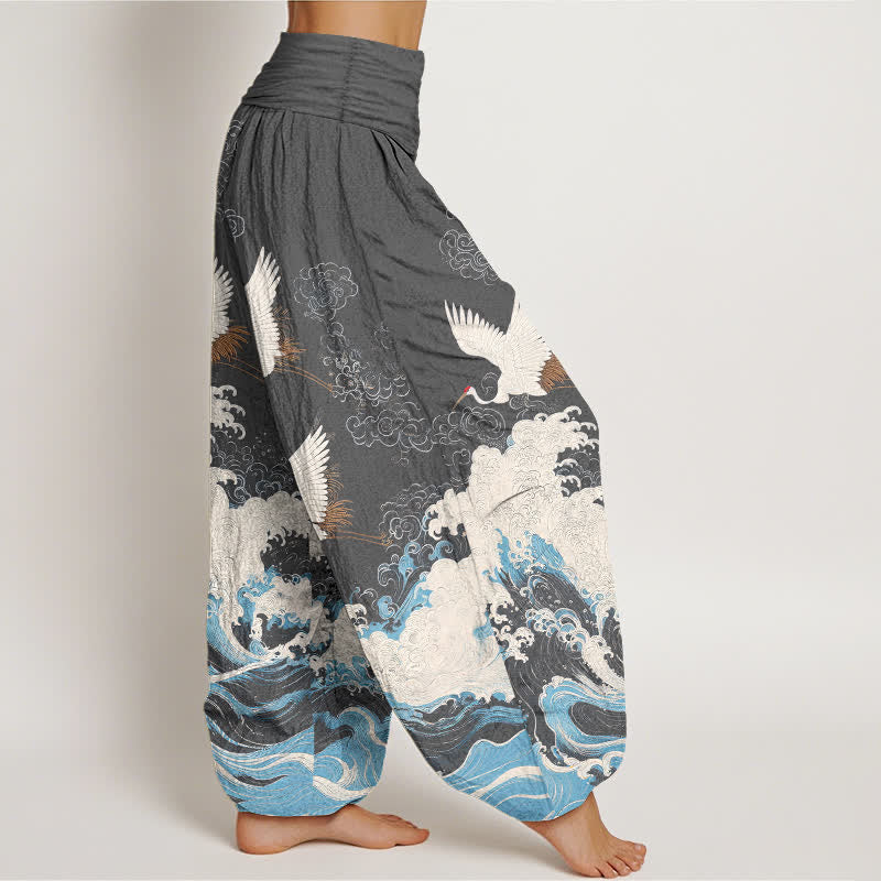Buddha Stones Dames harembroek met elastische Taille en kraanvogel- en wolkenpatroon - image 9