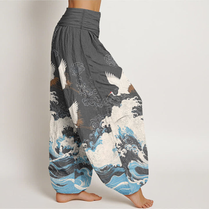 Buddha Stones Dames harembroek met elastische Taille en kraanvogel- en wolkenpatroon - image 9