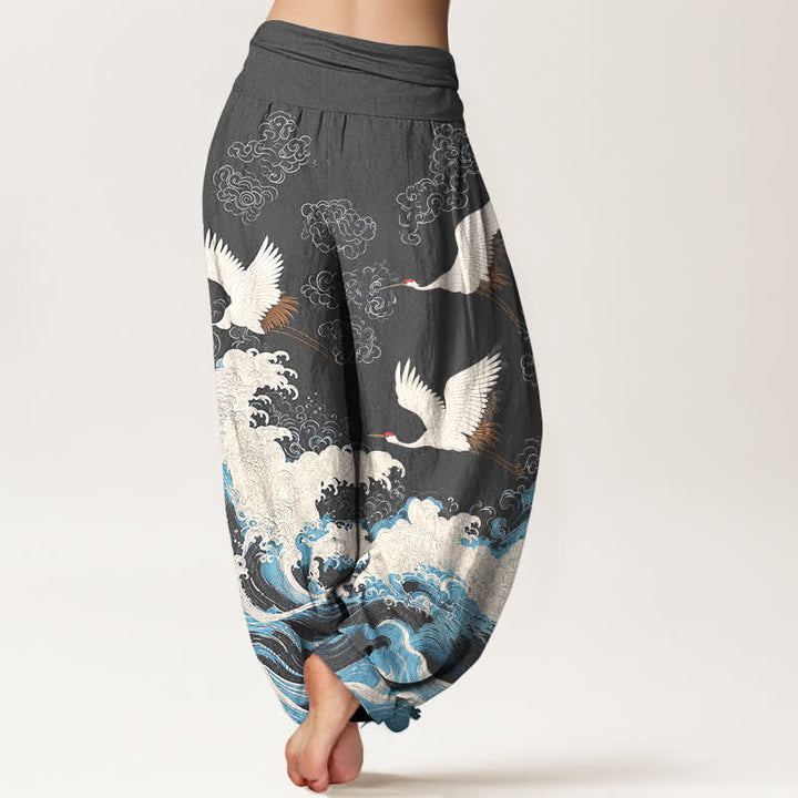 Buddha Stones Dames harembroek met elastische Taille en kraanvogel- en wolkenpatroon - image 10