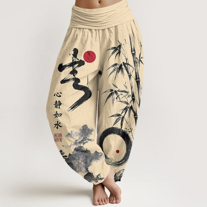Buddha Stones Dames harembroek met elastische Taille en katoen-bamboe inktlandschapspatroon - Citroenchiffon - US16, UK/AU20, EU48 (3XL) - image 0