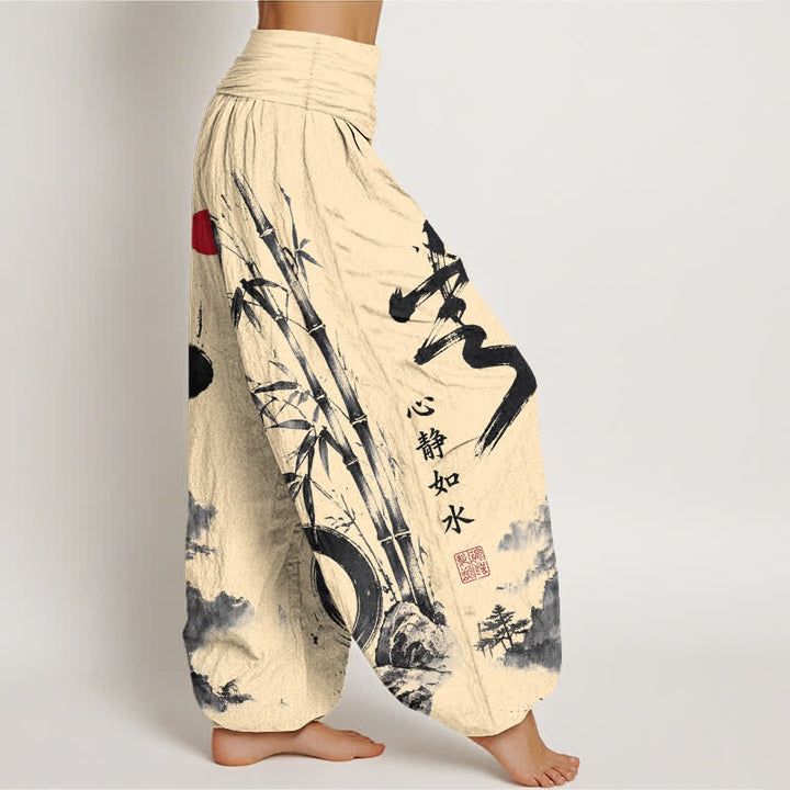 Buddha Stones Dames harembroek met elastische Taille en katoen-bamboe inktlandschapspatroon - image 1