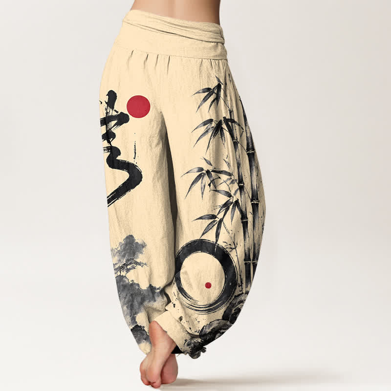 Buddha Stones Dames harembroek met elastische Taille en katoen-bamboe inktlandschapspatroon - image 2