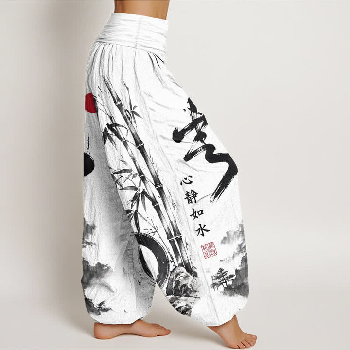 Buddha Stones Dames harembroek met elastische Taille en katoen-bamboe inktlandschapspatroon - image 6
