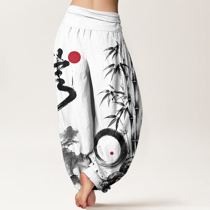 Buddha Stones Dames harembroek met elastische Taille en katoen-bamboe inktlandschapspatroon - image 7