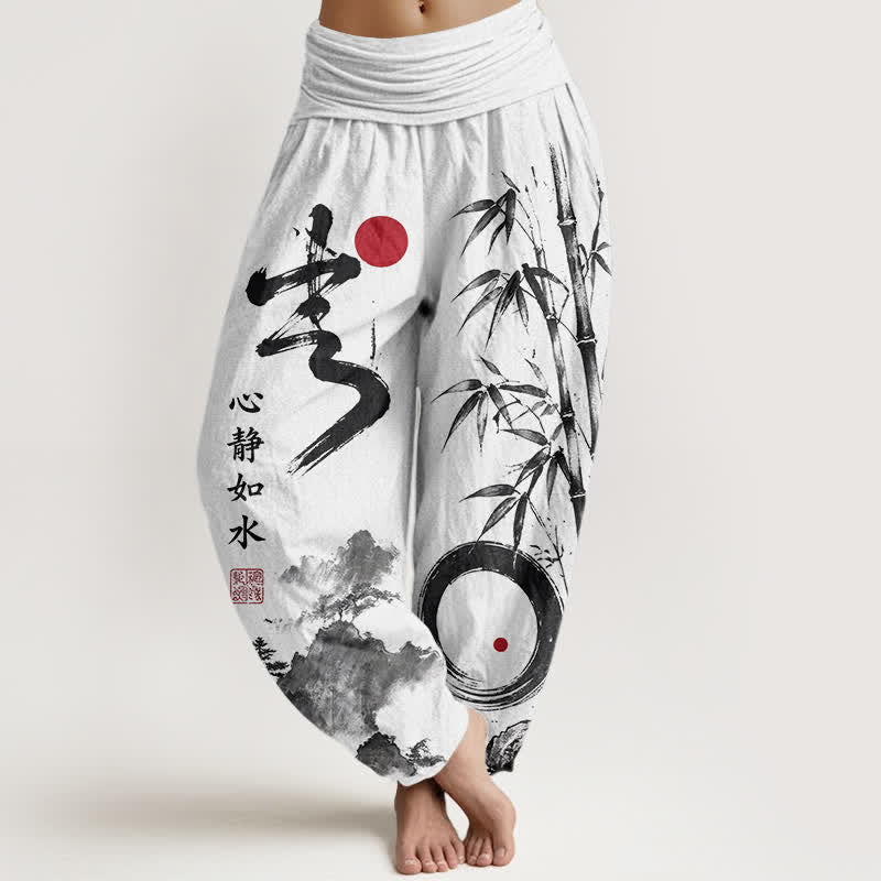 Buddha Stones Dames harembroek met elastische Taille en katoen-bamboe inktlandschapspatroon - Wit - US16, UK/AU20, EU48 (3XL) - image 5