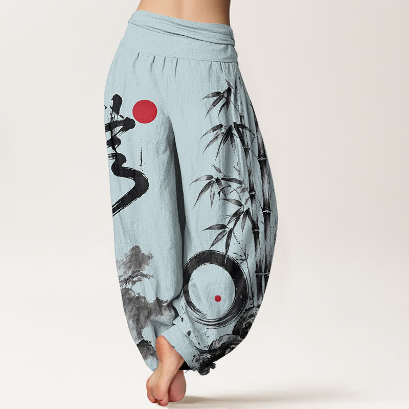 Buddha Stones Dames harembroek met elastische Taille en katoen-bamboe inktlandschapspatroon - image 10