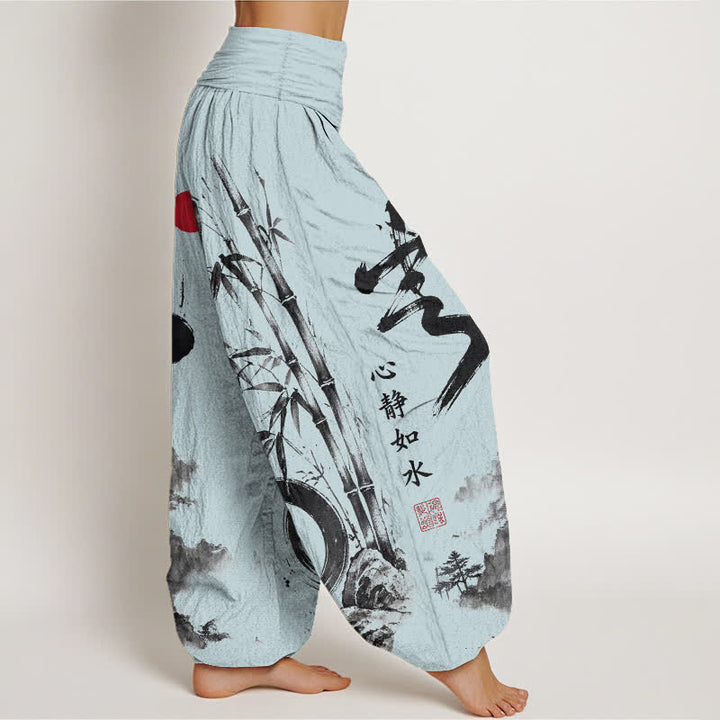 Buddha Stones Dames harembroek met elastische Taille en katoen-bamboe inktlandschapspatroon - image 9