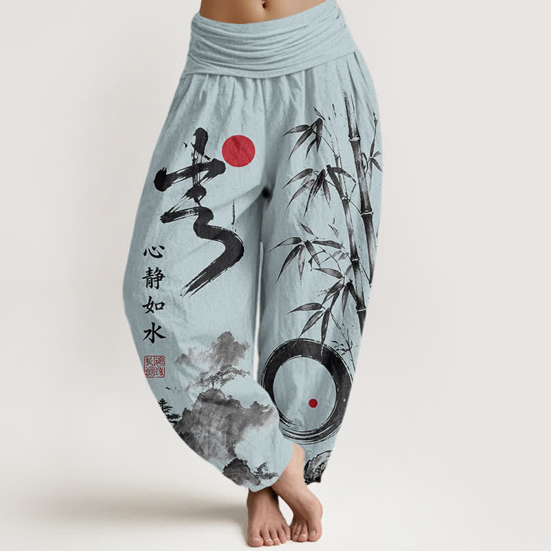 Buddha Stones Dames harembroek met elastische Taille en katoen-bamboe inktlandschapspatroon - Poederblauw - US16, UK/AU20, EU48 (3XL) - image 8