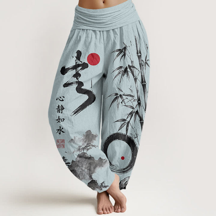 Buddha Stones Dames harembroek met elastische Taille en katoen-bamboe inktlandschapspatroon - Poederblauw - US16, UK/AU20, EU48 (3XL) - image 8