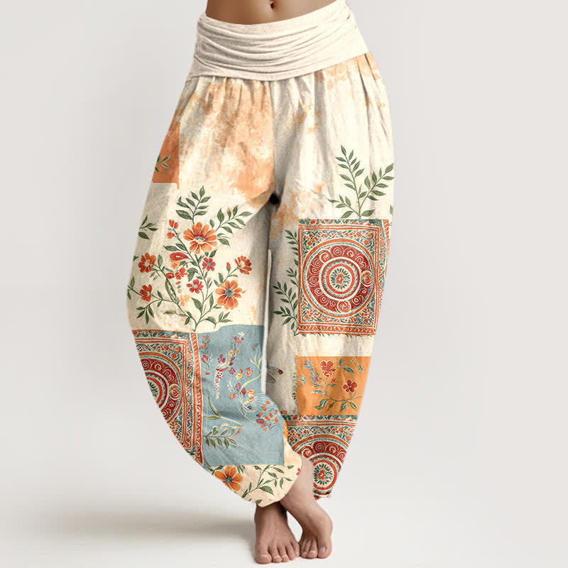 Buddha Stones Dames harembroek met elastische Taille en Boheemse bloemenpatchwork van katoen - Ivoor - US16, UK/AU20, EU48 (3XL) - image 0