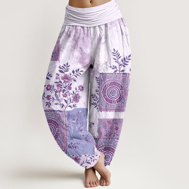 Buddha Stones Dames harembroek met elastische Taille en Boheemse bloemenpatchwork van katoen - Lavendel - US16, UK/AU20, EU48 (3XL) - image 8