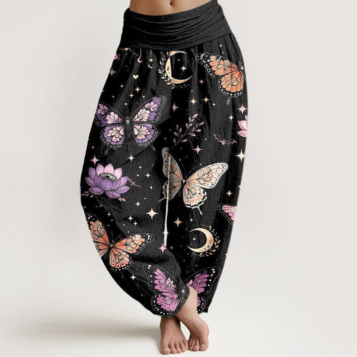 Buddha Stones Dames harembroek met elastische Taille , maan- en lotuspatroon. - Zwart - US16, UK/AU20, EU48 (3XL) - image 0