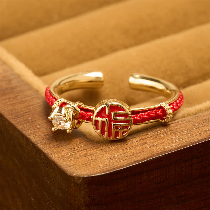 Buddha Stones Rode snaar ronde Fu karakter geluk open Ring - Gouden Ring (maat US8) - image 0