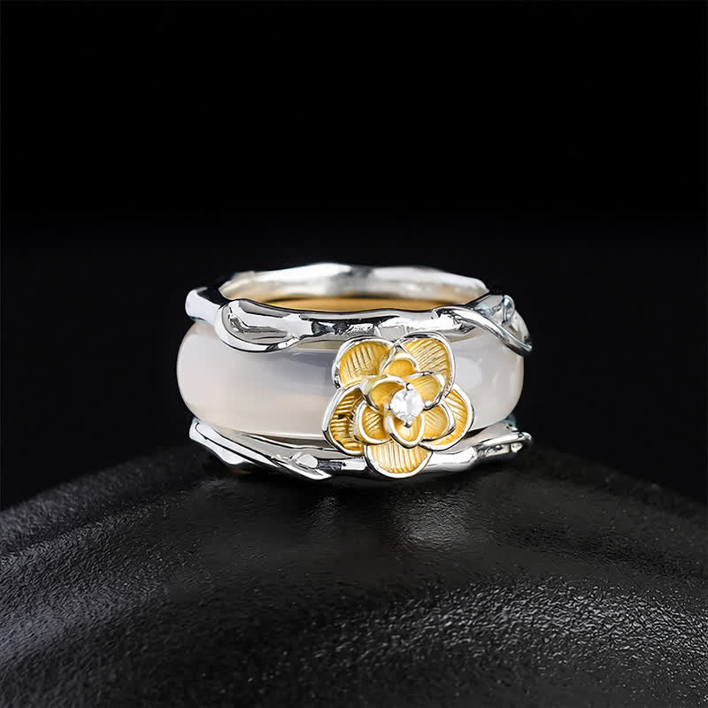 Buddha Stones Honinggele chalcedoon osmanthus Ring met dubbele draagwijze en positieve boodschap. - Dubbelzijdige Ring (verstelbaar in maat US8) - image 0