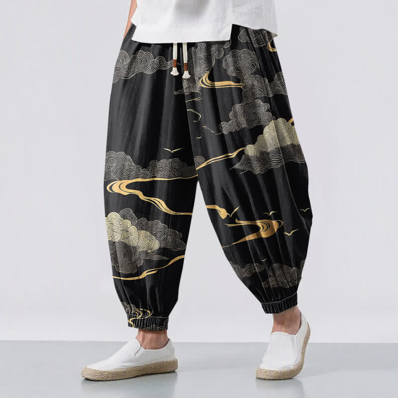 Buddha Stones Harembroek voor heren van 100% Cotton met gouden wolkenpatroon, trekkoord en Zakken. - Zwart - US/UK/AU50, EU60 (5XL) - image 0