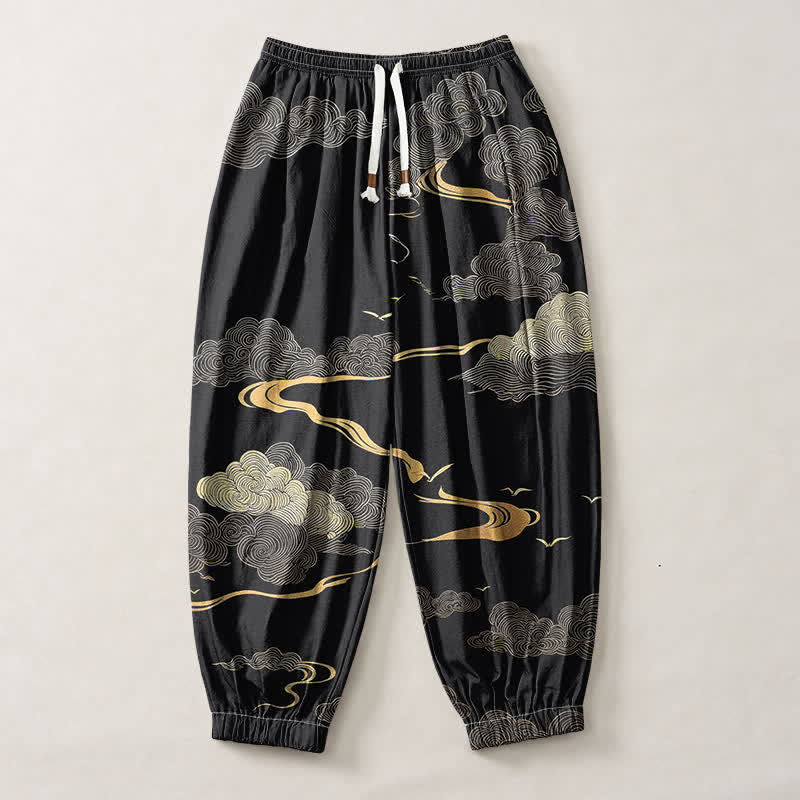 Buddha Stones Harembroek voor heren van 100% Cotton met gouden wolkenpatroon, trekkoord en Zakken. - image 1
