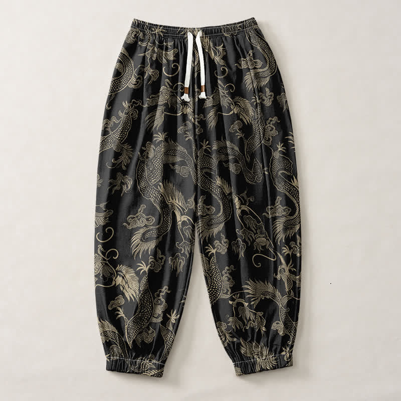 Buddha Stones Harembroek voor heren met Zakken en zakken , van 100% Cotton, met mythisch draken- en wolkenpatroon, geïnspireerd op gelukbrengende wolken. - image 1