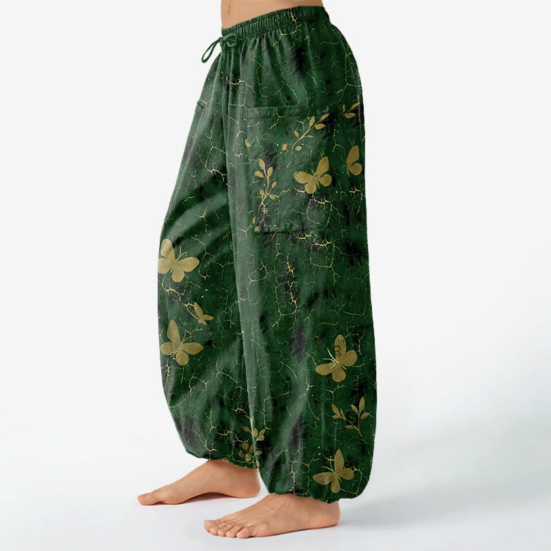 Buddha Stones Dames harembroek met elastische Taille en Zakken , met botanisch vlinderpatroon en craquelé-effect. - image 1