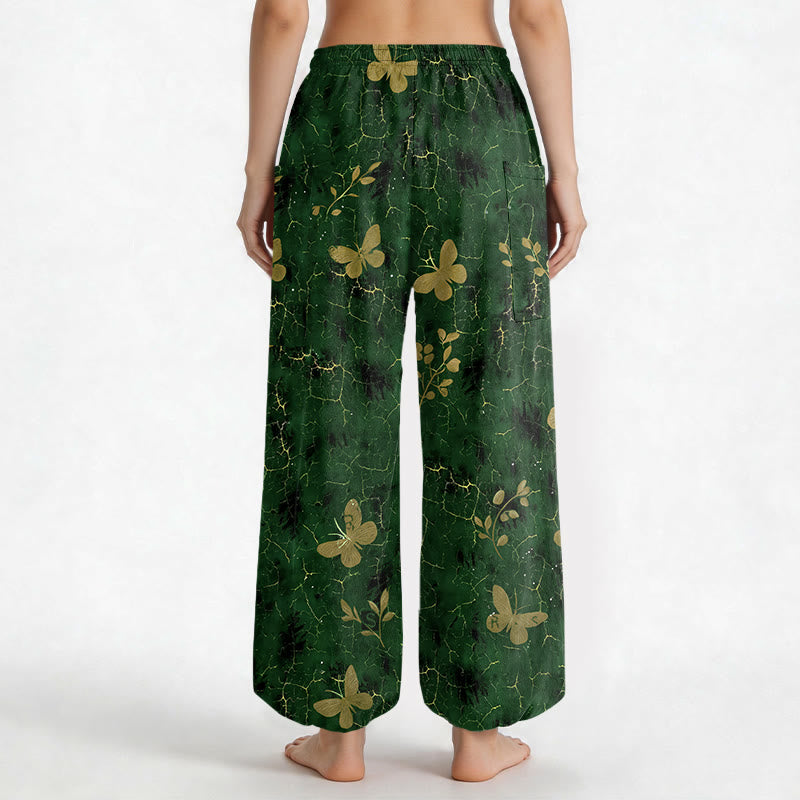 Buddha Stones Dames harembroek met elastische Taille en Zakken , met botanisch vlinderpatroon en craquelé-effect. - image 2