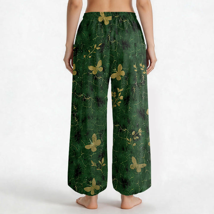 Buddha Stones Dames harembroek met elastische Taille en Zakken , met botanisch vlinderpatroon en craquelé-effect. - image 2